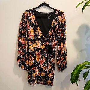 Zara Trafaluc Collection | Long Sleeve Wrap Floral Romper with Polka-dots
